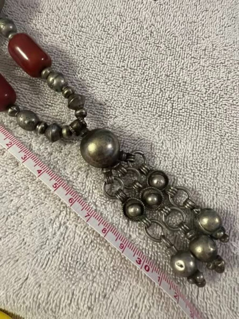 🐻Vintage Heavy Metal and Orange Stone Bead Necklace/Talisman